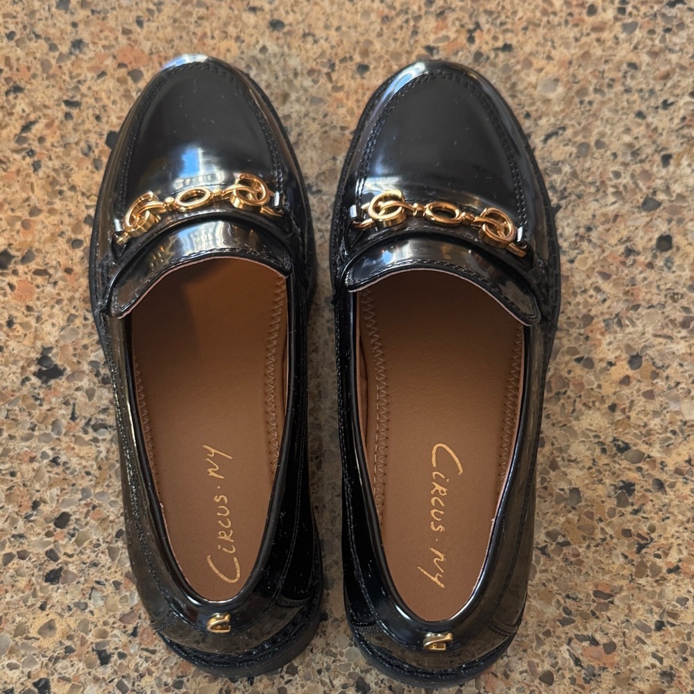 Circus by Sam Edelman Glossy Black Loafers with Gold Accent